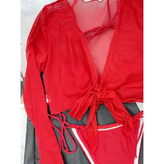 Backless Bandage Mesh Solid Color Padded Halter-Neck Three Pieces Set Cover-Ups Tops Bikini Swimsuit Backless Bandage Mesh Solid Color Padded Halter-Neck Three Pieces Set Cover-Ups Tops Bikini Swimsuit