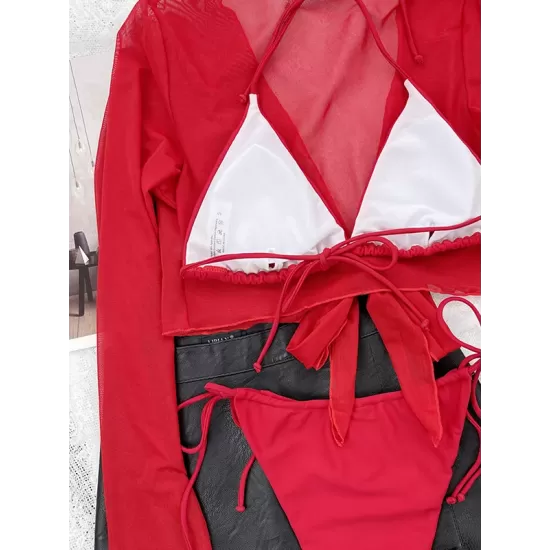 Backless Bandage Mesh Solid Color Padded Halter-Neck Three Pieces Set Cover-Ups Tops Bikini Swimsuit Backless Bandage Mesh Solid Color Padded Halter-Neck Three Pieces Set Cover-Ups Tops Bikini Swimsuit