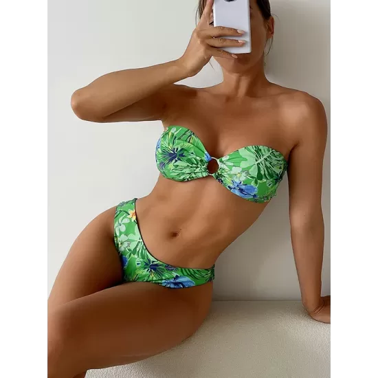 Bandage Floral Printed Hollow Padded Sleeveless Bikini Swimsuit Bandage Floral Printed Hollow Padded Sleeveless Bikini Swimsuit