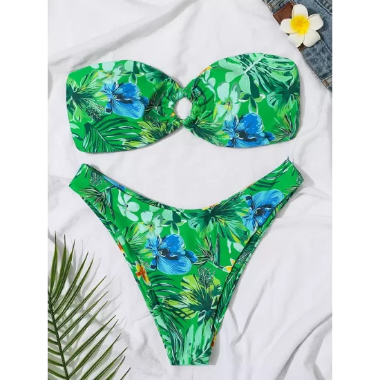 Bandage Floral Printed Hollow Padded Sleeveless Bikini Swimsuit Bandage Floral Printed Hollow Padded Sleeveless Bikini Swimsuit