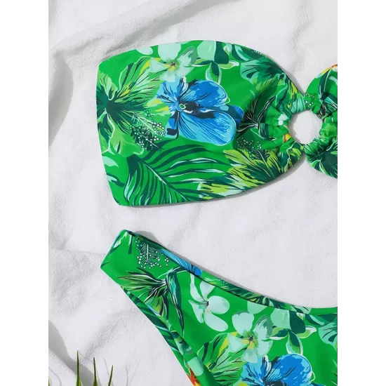 Bandage Floral Printed Hollow Padded Sleeveless Bikini Swimsuit Bandage Floral Printed Hollow Padded Sleeveless Bikini Swimsuit