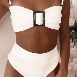 Bandage Buckle Chains High-Waisted Hollow Solid Color Padded Spaghetti-Neck Swimsuits Bikini Swimsuit
