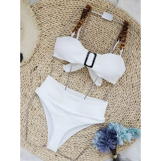 Bandage Buckle Chains High-Waisted Hollow Solid Color Padded Spaghetti-Neck Swimsuits Bikini Swimsuit Bandage Buckle Chains High-Waisted Hollow Solid Color Padded Spaghetti-Neck Swimsuits Bikini Swimsuit