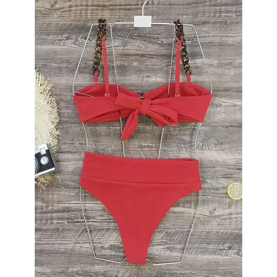 Bandage Buckle Chains High-Waisted Hollow Solid Color Padded Spaghetti-Neck Swimsuits Bikini Swimsuit Bandage Buckle Chains High-Waisted Hollow Solid Color Padded Spaghetti-Neck Swimsuits Bikini Swimsuit