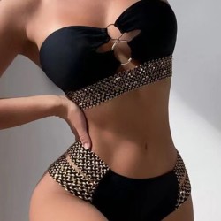 Belly-Hollow Solid Color Split-Joint Padded Bikini Swimsuit