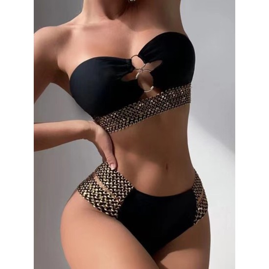 Belly-Hollow Solid Color Split-Joint Padded Bikini Swimsuit Belly-Hollow Solid Color Split-Joint Padded Bikini Swimsuit