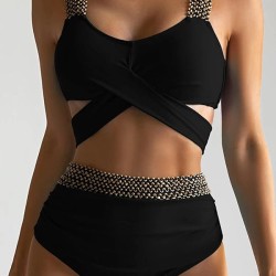 High-Waisted Hollow Leopard Sequined Split-Joint Padded Spaghetti-Neck Bikini Swimsuit