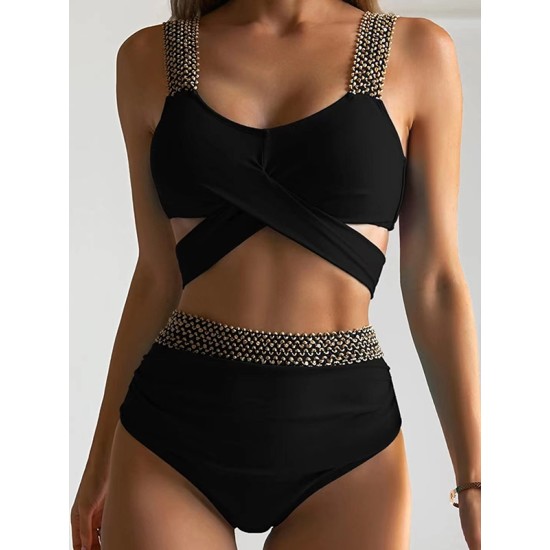 High-Waisted Hollow Leopard Sequined Split-Joint Padded Spaghetti-Neck Bikini Swimsuit High-Waisted Hollow Leopard Sequined Split-Joint Padded Spaghetti-Neck Bikini Swimsuit