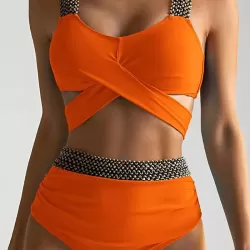 High-Waisted Hollow Leopard Sequined Split-Joint Padded Spaghetti-Neck Bikini Swimsuit