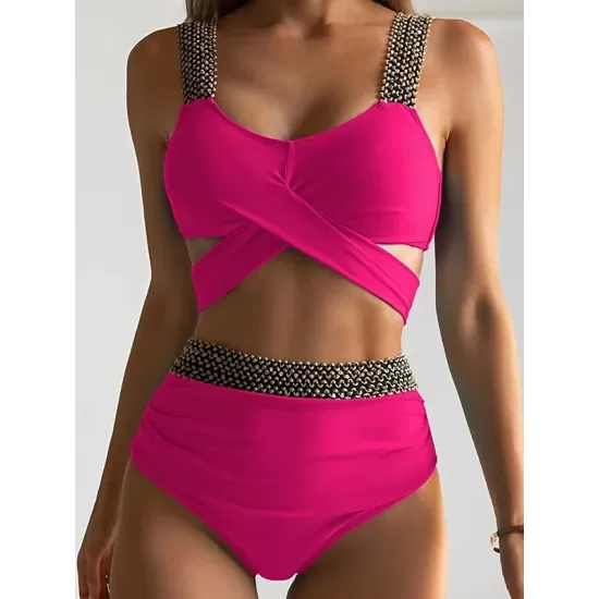 High-Waisted Hollow Leopard Sequined Split-Joint Padded Spaghetti-Neck Bikini Swimsuit High-Waisted Hollow Leopard Sequined Split-Joint Padded Spaghetti-Neck Bikini Swimsuit
