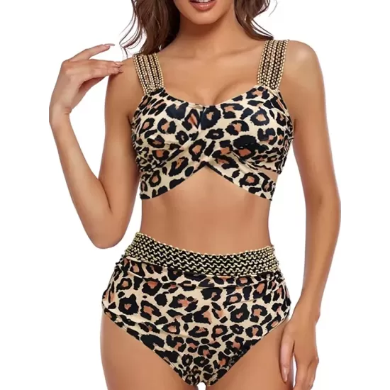 High-Waisted Hollow Leopard Sequined Split-Joint Padded Spaghetti-Neck Bikini Swimsuit High-Waisted Hollow Leopard Sequined Split-Joint Padded Spaghetti-Neck Bikini Swimsuit