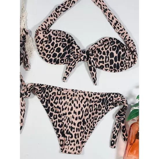 Leopard Off-the-shoulder Bikini Swimsuit Leopard Off-the-shoulder Bikini Swimsuit