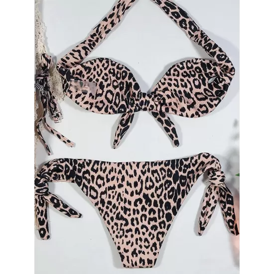 Leopard Off-the-shoulder Bikini Swimsuit Leopard Off-the-shoulder Bikini Swimsuit