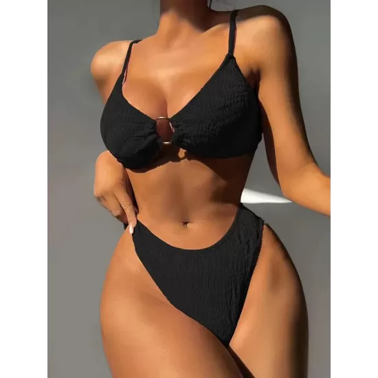 Bandage Hollow Solid Color Padded Deep V-Neck Bikini Swimsuit Bandage Hollow Solid Color Padded Deep V-Neck Bikini Swimsuit