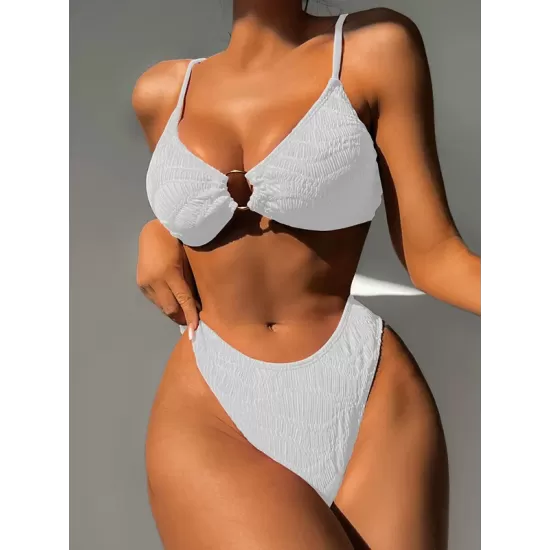 Bandage Hollow Solid Color Padded Deep V-Neck Bikini Swimsuit Bandage Hollow Solid Color Padded Deep V-Neck Bikini Swimsuit