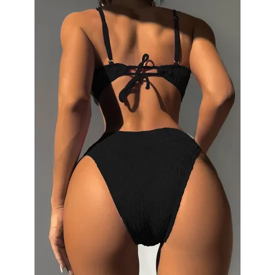 Bandage Hollow Solid Color Padded Deep V-Neck Bikini Swimsuit Bandage Hollow Solid Color Padded Deep V-Neck Bikini Swimsuit