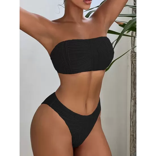Solid Color Strapless Padded Bikini Swimsuit Solid Color Strapless Padded Bikini Swimsuit