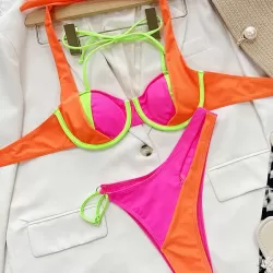 Color-Block Hollow Padded Halter-Neck Bikini Swimsuit