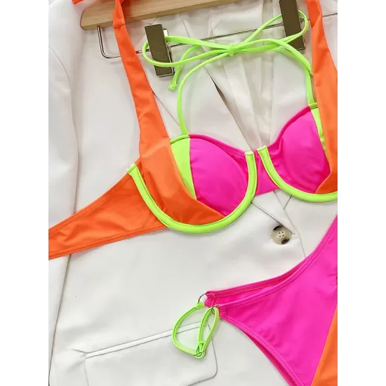 Color-Block Hollow Padded Halter-Neck Bikini Swimsuit Color-Block Hollow Padded Halter-Neck Bikini Swimsuit