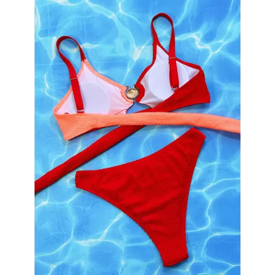Bandage Color-Block Hollow Padded Spaghetti-Neck Bikini Swimsuit Bandage Color-Block Hollow Padded Spaghetti-Neck Bikini Swimsuit