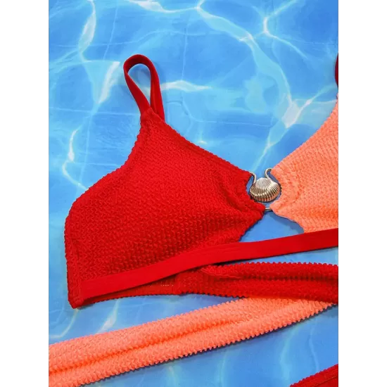 Bandage Color-Block Hollow Padded Spaghetti-Neck Bikini Swimsuit Bandage Color-Block Hollow Padded Spaghetti-Neck Bikini Swimsuit
