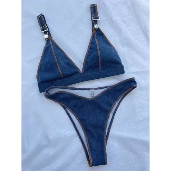 Backless Buckle Solid Color Padded Deep V-Neck Bikini Swimsuit Backless Buckle Solid Color Padded Deep V-Neck Bikini Swimsuit