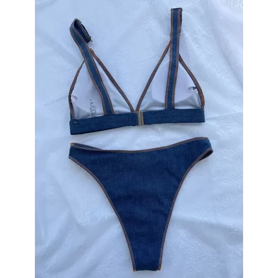 Backless Buckle Solid Color Padded Deep V-Neck Bikini Swimsuit Backless Buckle Solid Color Padded Deep V-Neck Bikini Swimsuit