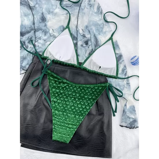 Backless Bandage Solid Color Padded Halter-Neck Bikini Swimsuit Backless Bandage Solid Color Padded Halter-Neck Bikini Swimsuit