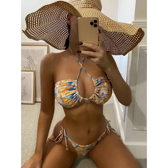 Bandage Hollow Printed Padded Halter-Neck Bikini Swimsuit Bandage Hollow Printed Padded Halter-Neck Bikini Swimsuit