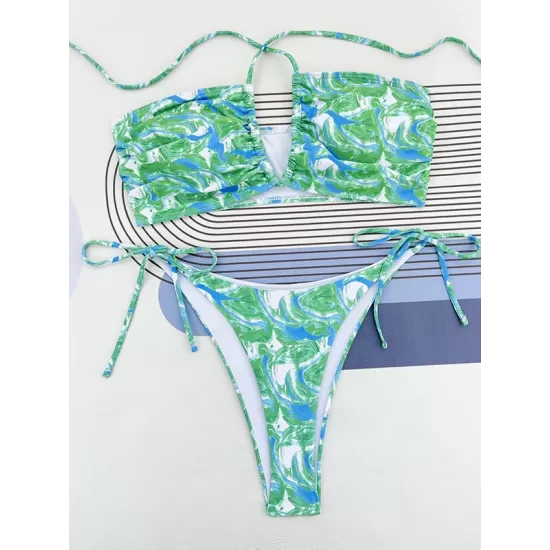 Bandage Hollow Printed Padded Halter-Neck Bikini Swimsuit Bandage Hollow Printed Padded Halter-Neck Bikini Swimsuit