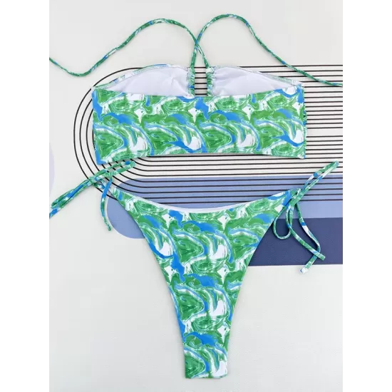 Bandage Hollow Printed Padded Halter-Neck Bikini Swimsuit Bandage Hollow Printed Padded Halter-Neck Bikini Swimsuit