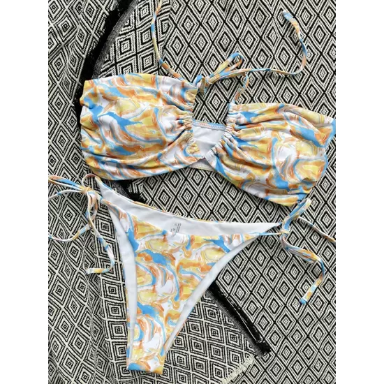 Bandage Hollow Printed Padded Halter-Neck Bikini Swimsuit Bandage Hollow Printed Padded Halter-Neck Bikini Swimsuit