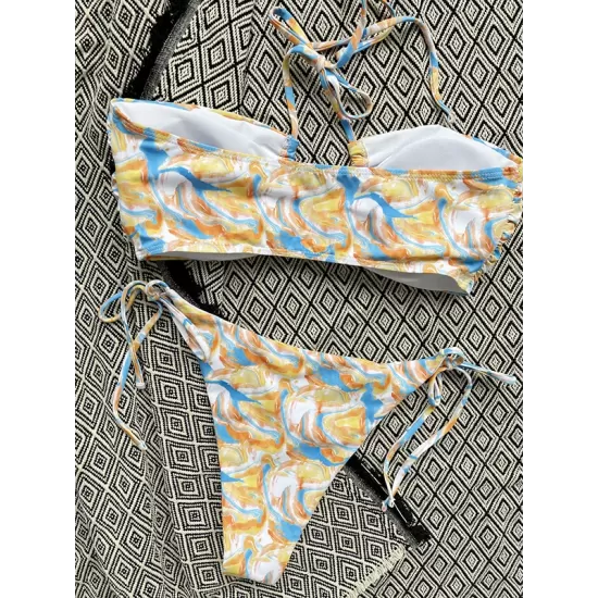 Bandage Hollow Printed Padded Halter-Neck Bikini Swimsuit Bandage Hollow Printed Padded Halter-Neck Bikini Swimsuit