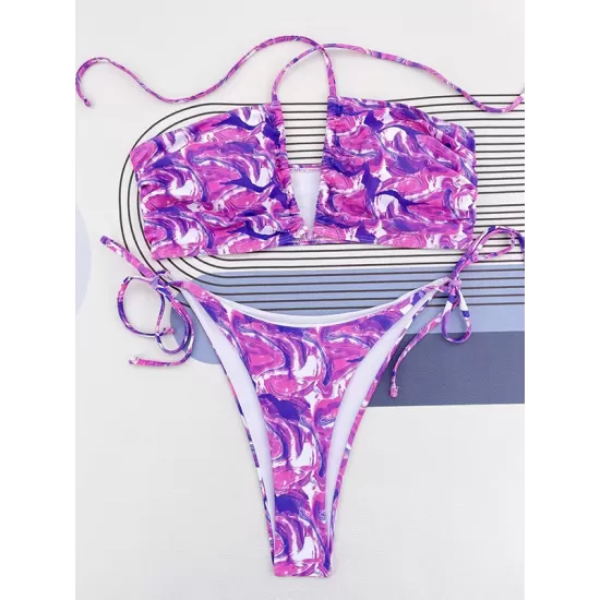 Bandage Hollow Printed Padded Halter-Neck Bikini Swimsuit Bandage Hollow Printed Padded Halter-Neck Bikini Swimsuit