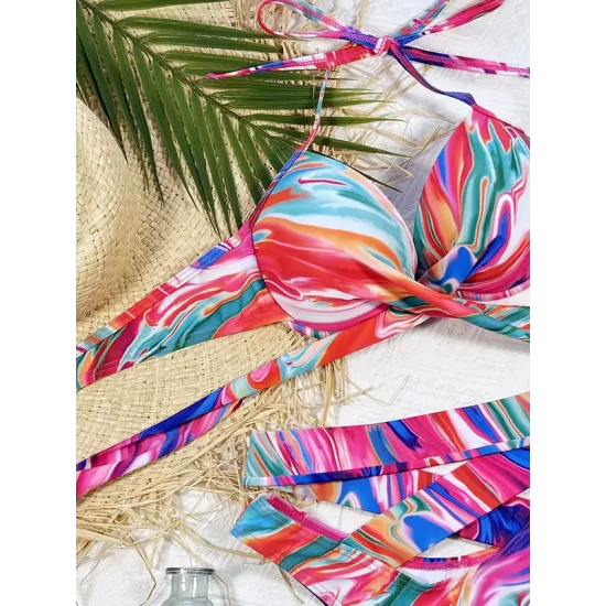 Bandage Belly-Hollow Multi-Colored Padded Halter-Neck Bikini Swimsuit Bandage Belly-Hollow Multi-Colored Padded Halter-Neck Bikini Swimsuit
