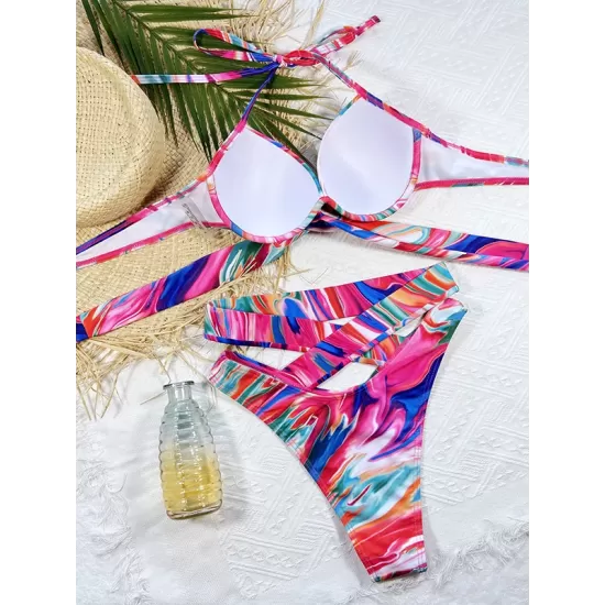 Bandage Belly-Hollow Multi-Colored Padded Halter-Neck Bikini Swimsuit Bandage Belly-Hollow Multi-Colored Padded Halter-Neck Bikini Swimsuit