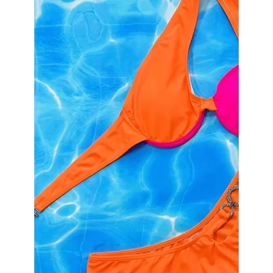 Color-Block Hollow Padded One-shoulder Bikini Swimsuit Color-Block Hollow Padded One-shoulder Bikini Swimsuit
