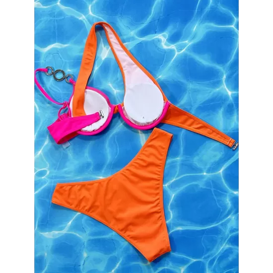 Color-Block Hollow Padded One-shoulder Bikini Swimsuit Color-Block Hollow Padded One-shoulder Bikini Swimsuit