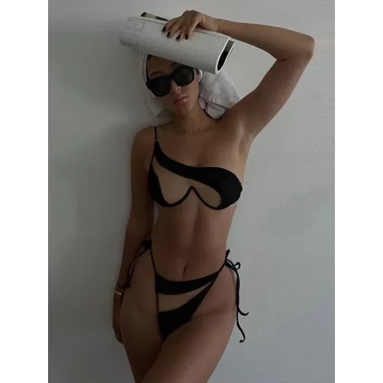 Backless Bandage Hollow Solid Color Split-Joint Sleeveless One-Shoulder Bikini Swimsuit Backless Bandage Hollow Solid Color Split-Joint Sleeveless One-Shoulder Bikini Swimsuit