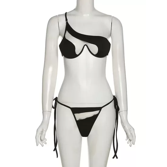 Backless Bandage Hollow Solid Color Split-Joint Sleeveless One-Shoulder Bikini Swimsuit Backless Bandage Hollow Solid Color Split-Joint Sleeveless One-Shoulder Bikini Swimsuit
