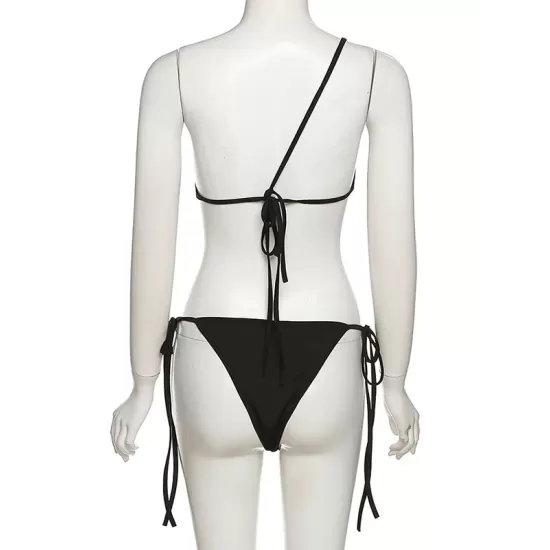 Backless Bandage Hollow Solid Color Split-Joint Sleeveless One-Shoulder Bikini Swimsuit Backless Bandage Hollow Solid Color Split-Joint Sleeveless One-Shoulder Bikini Swimsuit