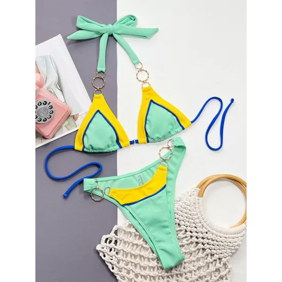 Bandage Color-Block Padded Halter-Neck Bikini Swimsuit Bandage Color-Block Padded Halter-Neck Bikini Swimsuit