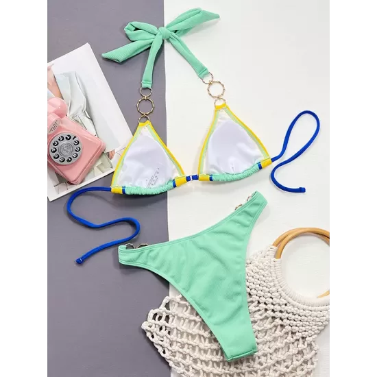 Bandage Color-Block Padded Halter-Neck Bikini Swimsuit Bandage Color-Block Padded Halter-Neck Bikini Swimsuit