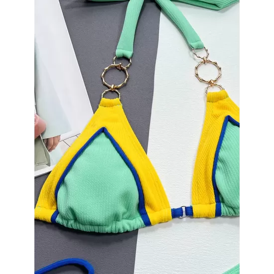 Bandage Color-Block Padded Halter-Neck Bikini Swimsuit Bandage Color-Block Padded Halter-Neck Bikini Swimsuit