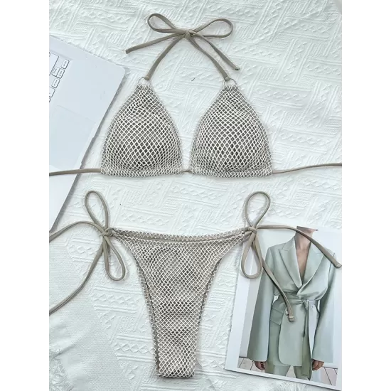 Backless Bandage Hollow Solid Color Padded Halter-Neck Bikini Swimsuit Backless Bandage Hollow Solid Color Padded Halter-Neck Bikini Swimsuit