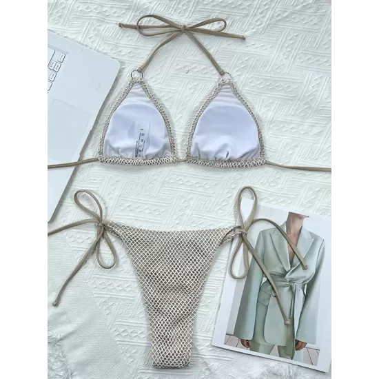 Backless Bandage Hollow Solid Color Padded Halter-Neck Bikini Swimsuit Backless Bandage Hollow Solid Color Padded Halter-Neck Bikini Swimsuit
