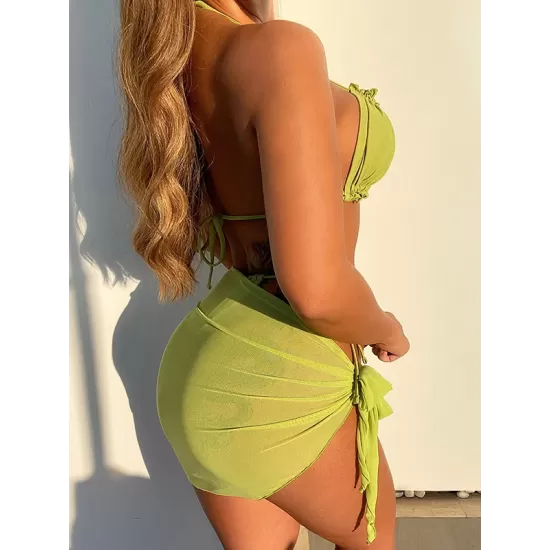 Three-piece Suit Padded Bandage Lacy Solid Color Halter-Neck Bikini Swimsuit Three-piece Suit Padded Bandage Lacy Solid Color Halter-Neck Bikini Swimsuit