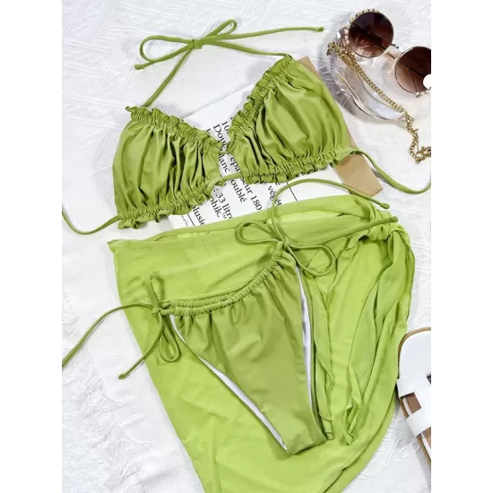 Three-piece Suit Padded Bandage Lacy Solid Color Halter-Neck Bikini Swimsuit Three-piece Suit Padded Bandage Lacy Solid Color Halter-Neck Bikini Swimsuit