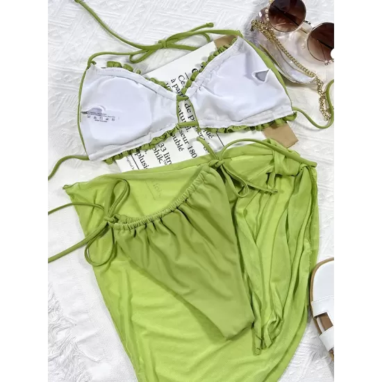 Three-piece Suit Padded Bandage Lacy Solid Color Halter-Neck Bikini Swimsuit Three-piece Suit Padded Bandage Lacy Solid Color Halter-Neck Bikini Swimsuit