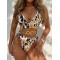 Bandage Hollow Leopard Padded Deep V-Neck Bikini Swimsuit